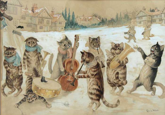 Cats playing music in the snow