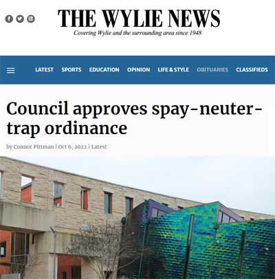 Screen shot with headline - Council approves spay, neuter, trap
